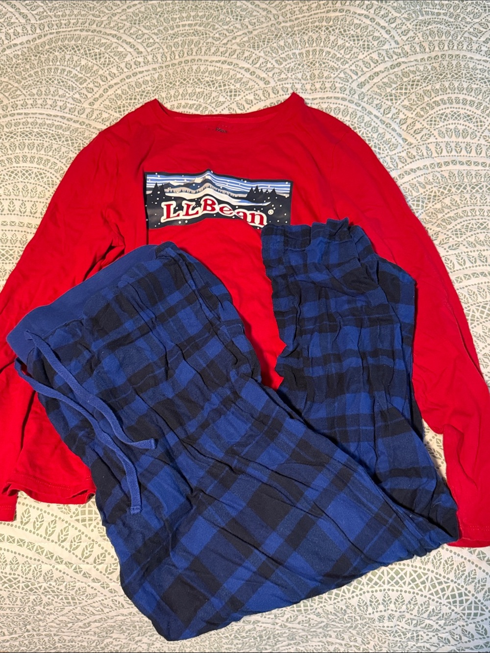 L.L. Bean Red Top with Blue Plaid Pajama Set